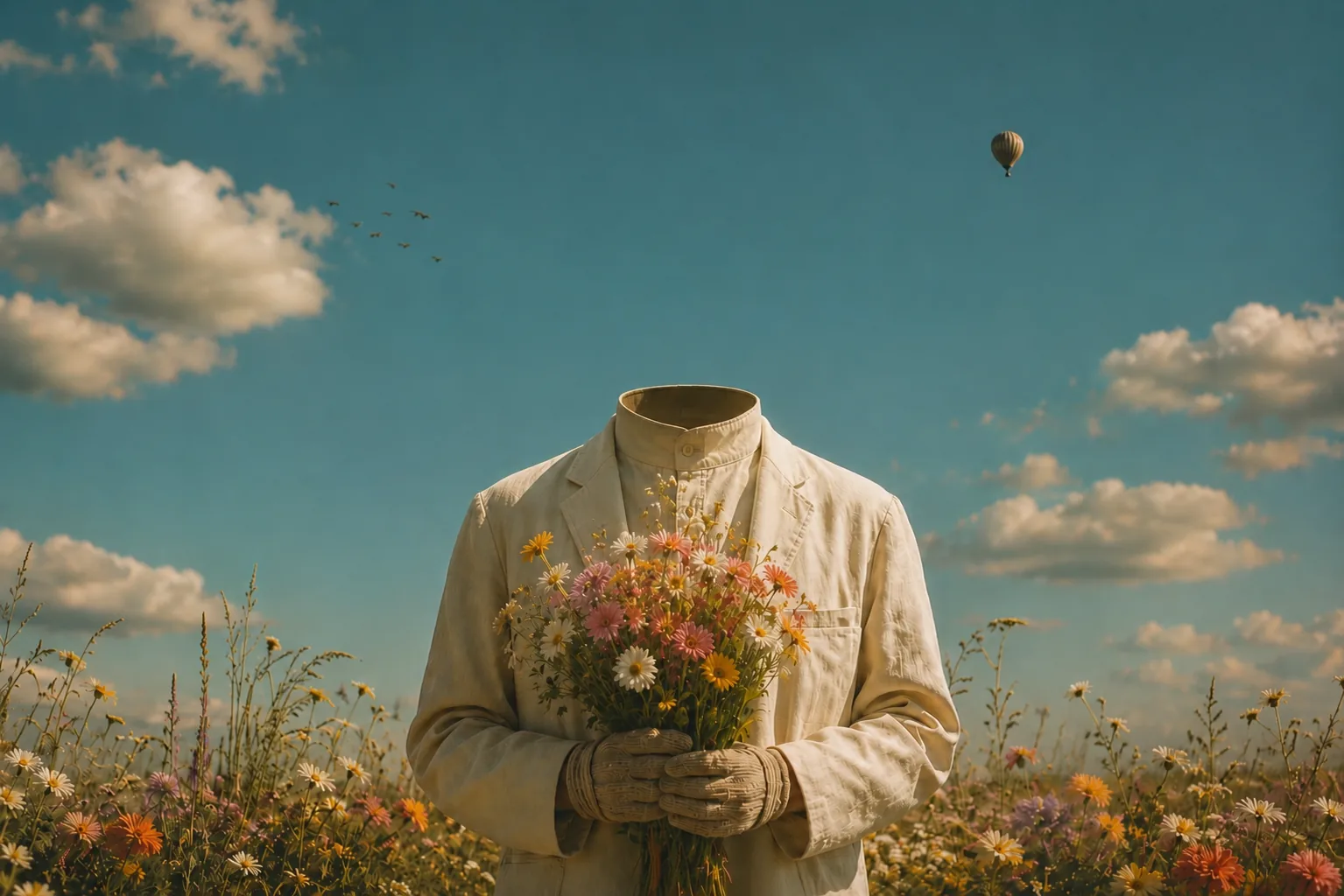 A headless figure in a cream coat standing in a wildflower field, holding a bouquet